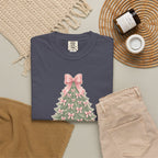 Coquette Bow Christmas Tree Comfort Colors Tee, Pink Christmas Gift for Her