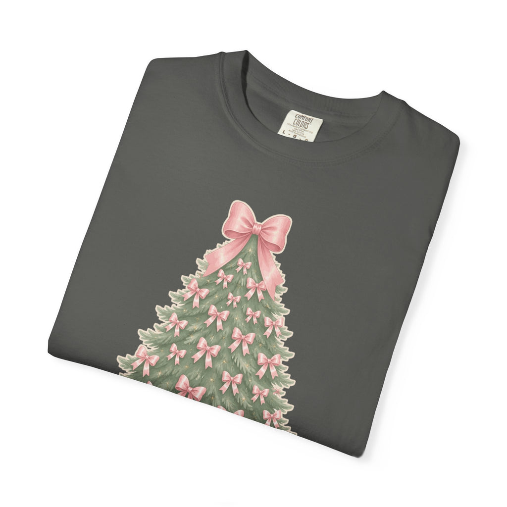 Coquette Bow Christmas Tree Comfort Colors Tee, Pink Christmas Gift for Her