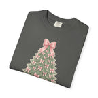 Coquette Bow Christmas Tree Comfort Colors Tee, Pink Christmas Gift for Her