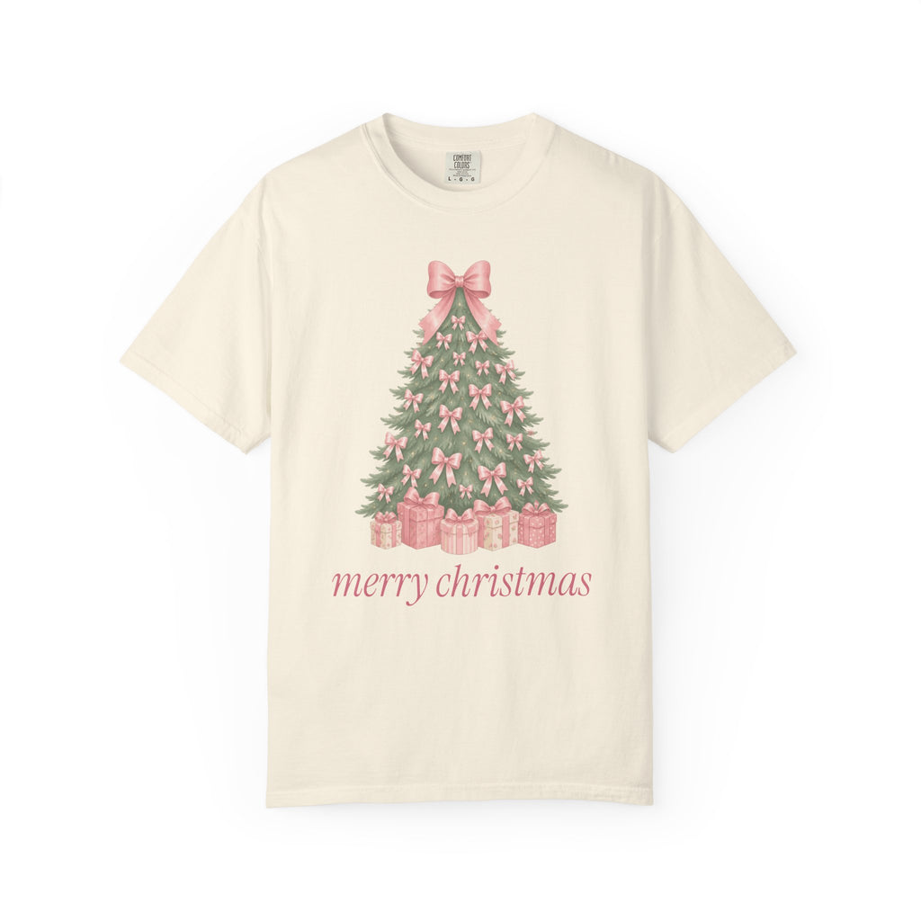 Coquette Bow Christmas Tree Comfort Colors Tee, Pink Christmas Gift for Her