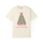 Coquette Bow Christmas Tree Comfort Colors Tee, Pink Christmas Gift for Her