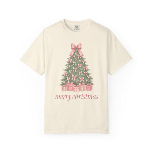 Coquette Bow Christmas Tree Comfort Colors Tee, Pink Christmas Gift for Her