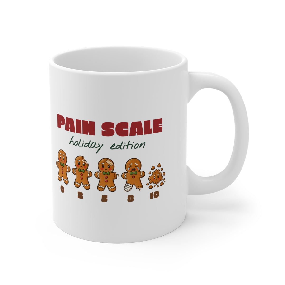Gingerbread Pain Scale Holiday Edition Nurse Christmas Mug 11oz, Funny Nurse Gift