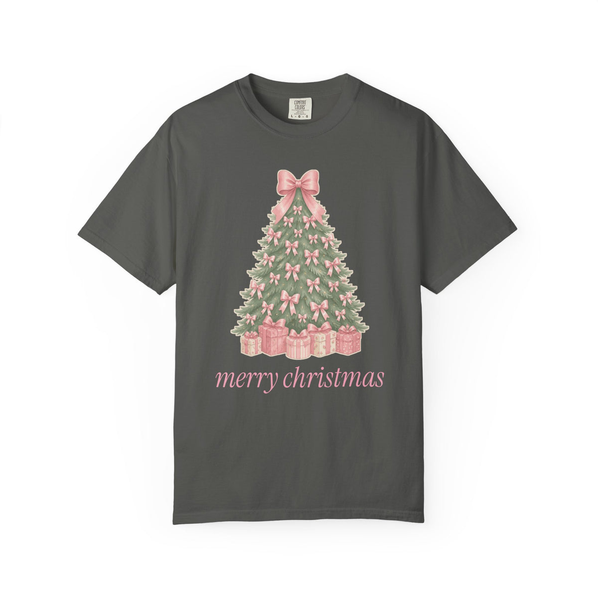 Coquette Bow Christmas Tree Comfort Colors Tee, Pink Christmas Gift for Her