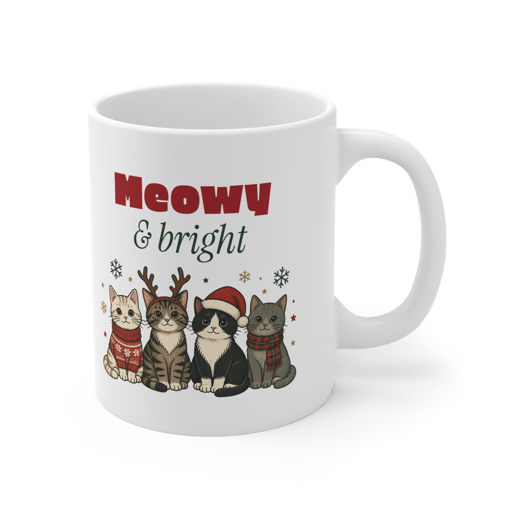 Meowy and Bright Cat Christmas Mug 11oz, Cat Lover Gift
