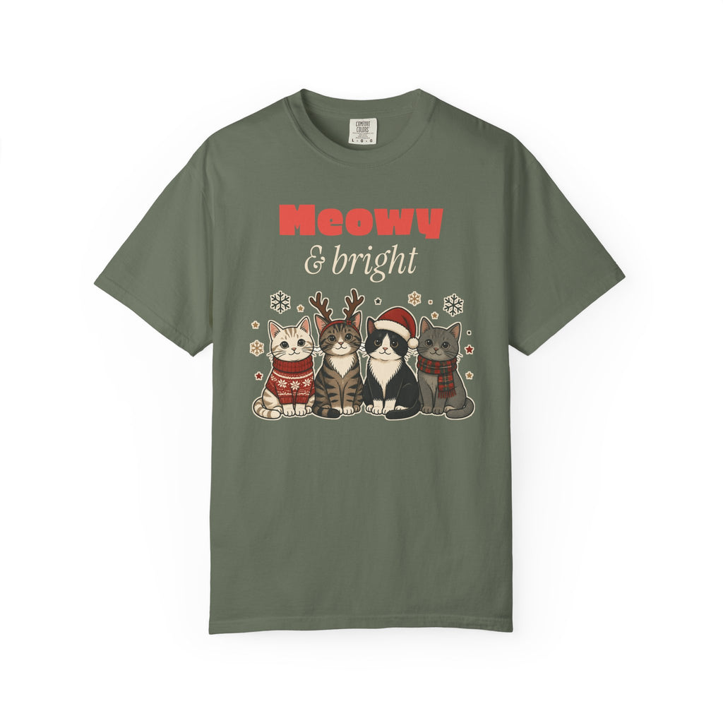 Meowy and Bright Cat Christmas Comfort Colors Tee, Cat Lover Gift