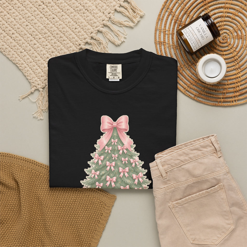 Coquette Bow Christmas Tree Comfort Colors Tee, Pink Christmas Gift for Her