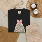 Coquette Bow Christmas Tree Comfort Colors Tee, Pink Christmas Gift for Her
