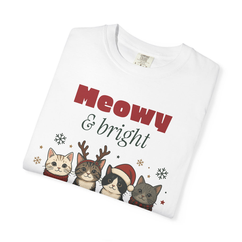 Meowy and Bright Cat Christmas Comfort Colors Tee, Cat Lover Gift