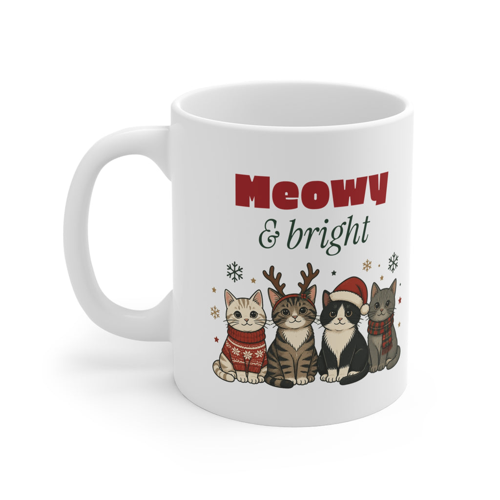 Meowy and Bright Cat Christmas Mug 11oz, Cat Lover Gift