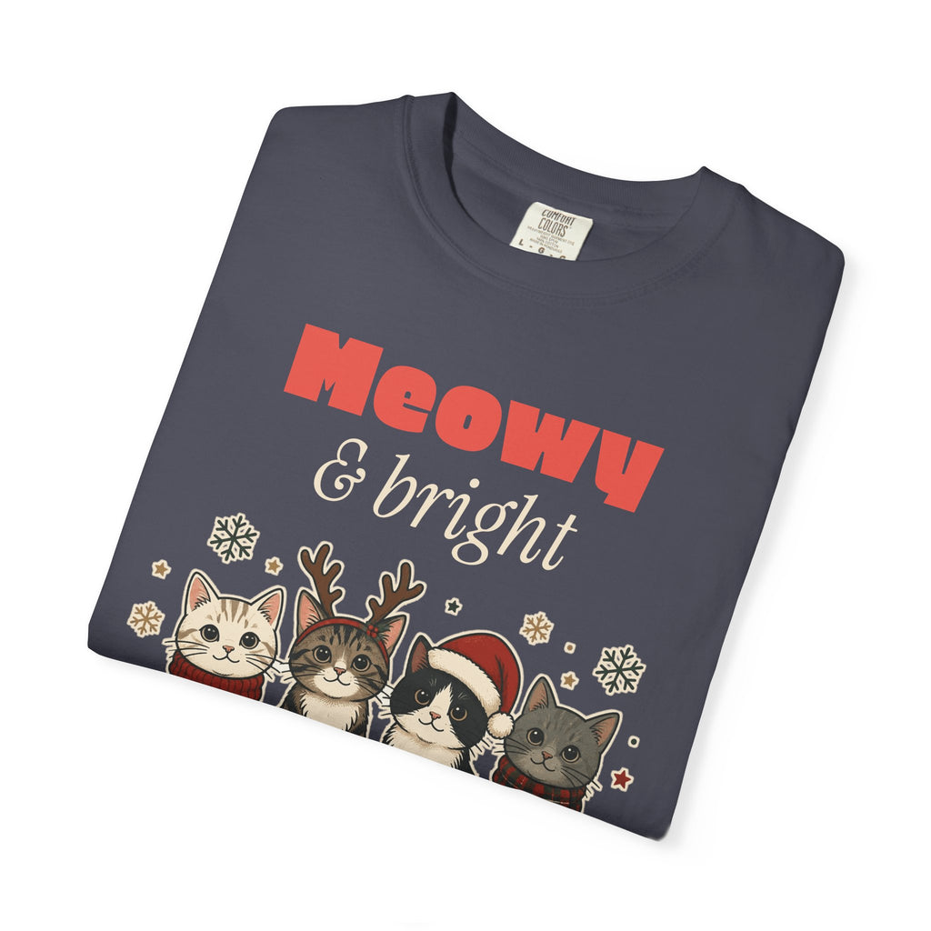 Meowy and Bright Cat Christmas Comfort Colors Tee, Cat Lover Gift