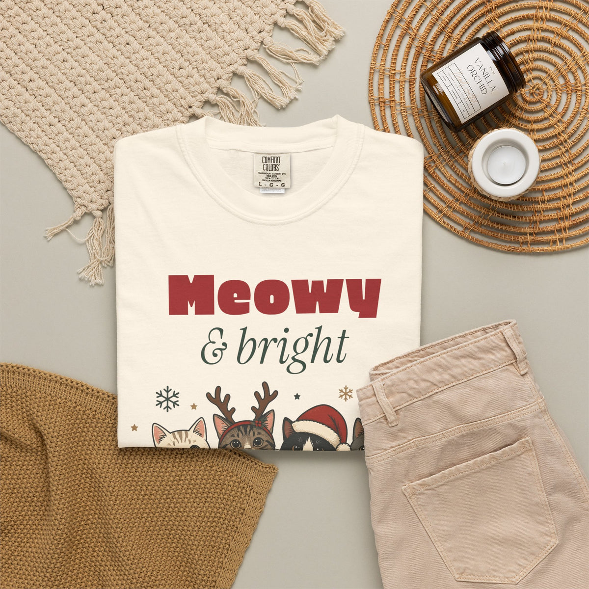 Meowy and Bright Cat Christmas Comfort Colors Tee, Cat Lover Gift