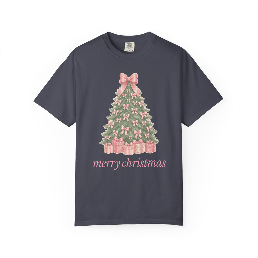 Coquette Bow Christmas Tree Comfort Colors Tee, Pink Christmas Gift for Her