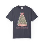 Coquette Bow Christmas Tree Comfort Colors Tee, Pink Christmas Gift for Her