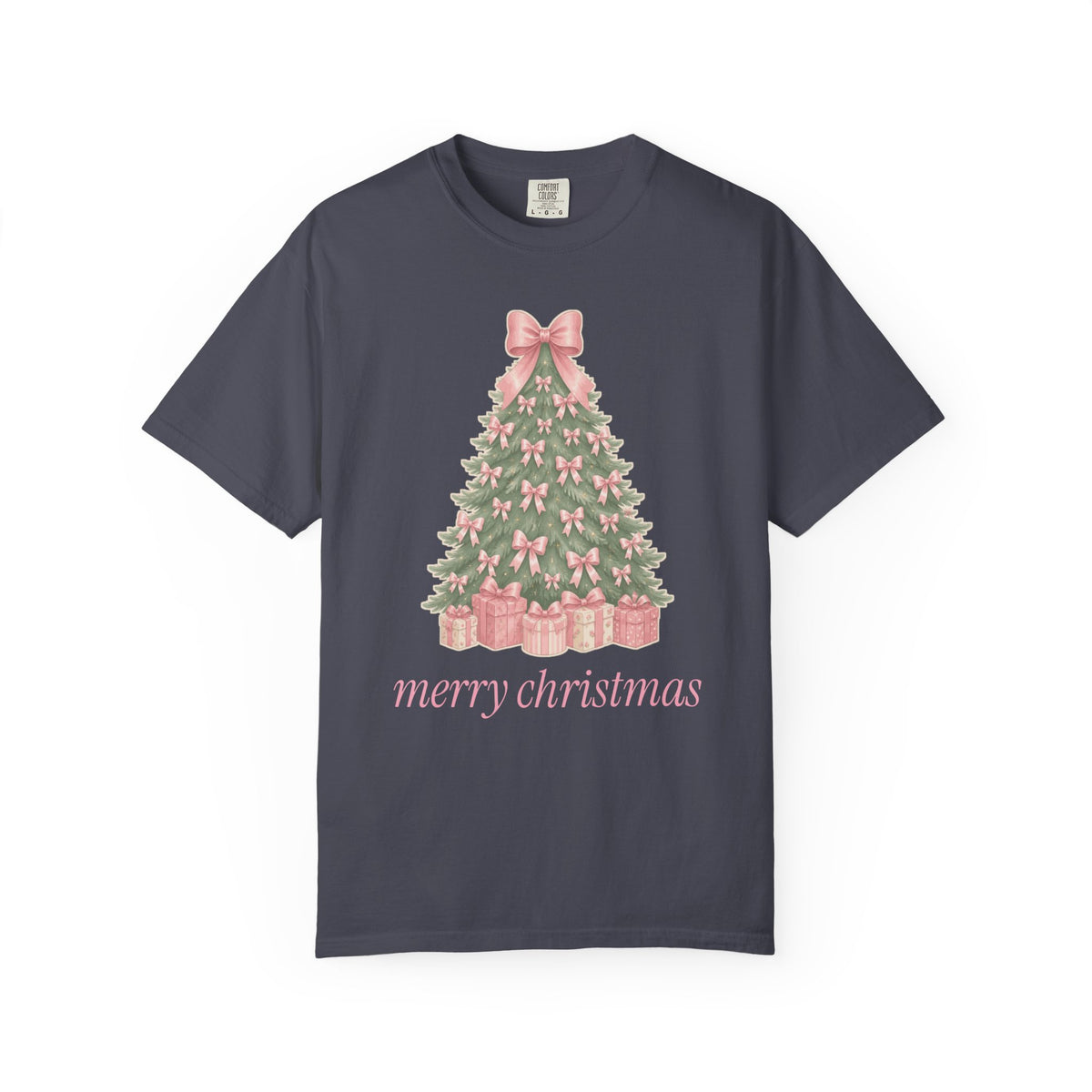 Coquette Bow Christmas Tree Comfort Colors Tee, Pink Christmas Gift for Her
