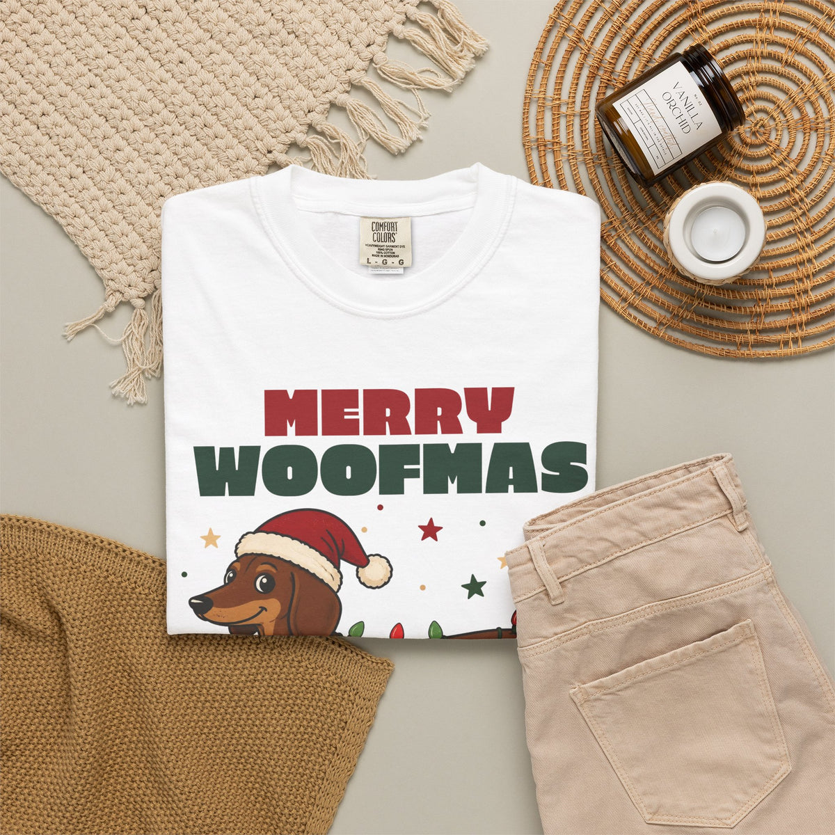 Merry Woofmas Dachshund Christmas Comfort Colors Tee, Dog Mom Gift