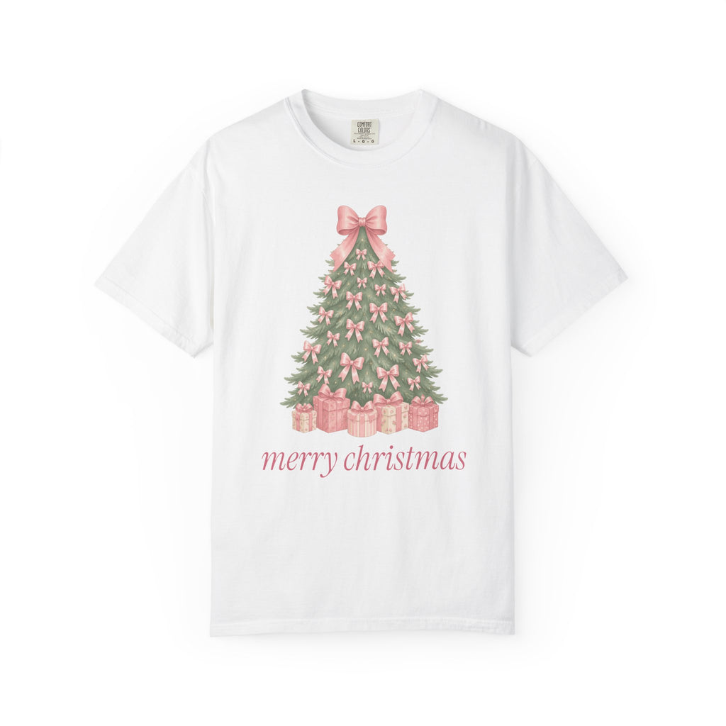 Coquette Bow Christmas Tree Comfort Colors Tee, Pink Christmas Gift for Her