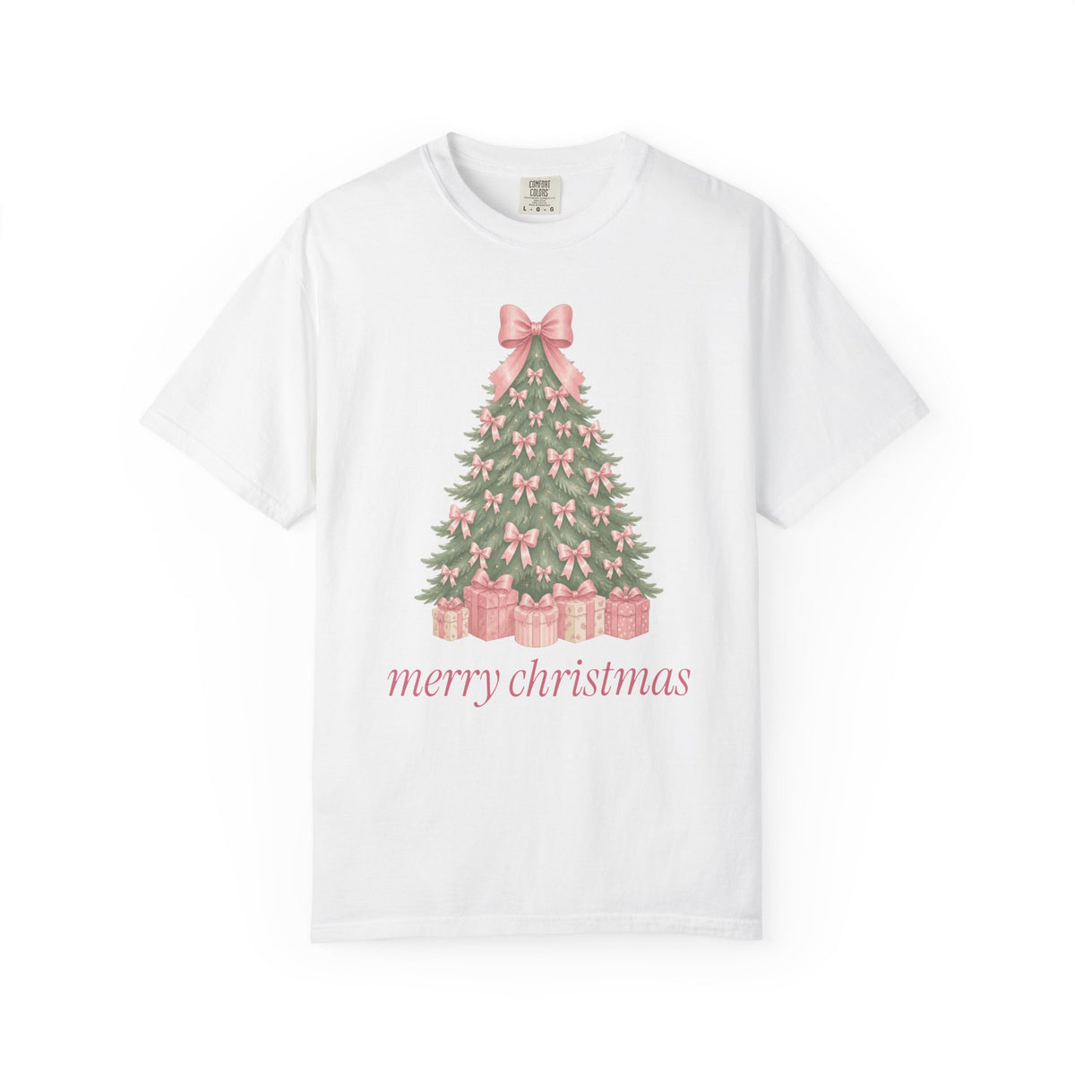 Coquette Bow Christmas Tree Comfort Colors Tee, Pink Christmas Gift for Her